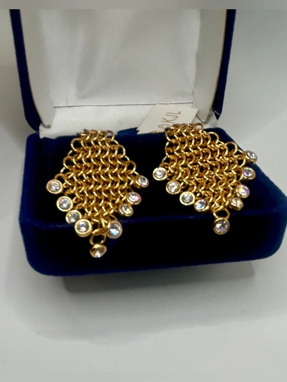Kenneth Jay Lane Gold Chainmail Drop Earrings with Crystal Accents
